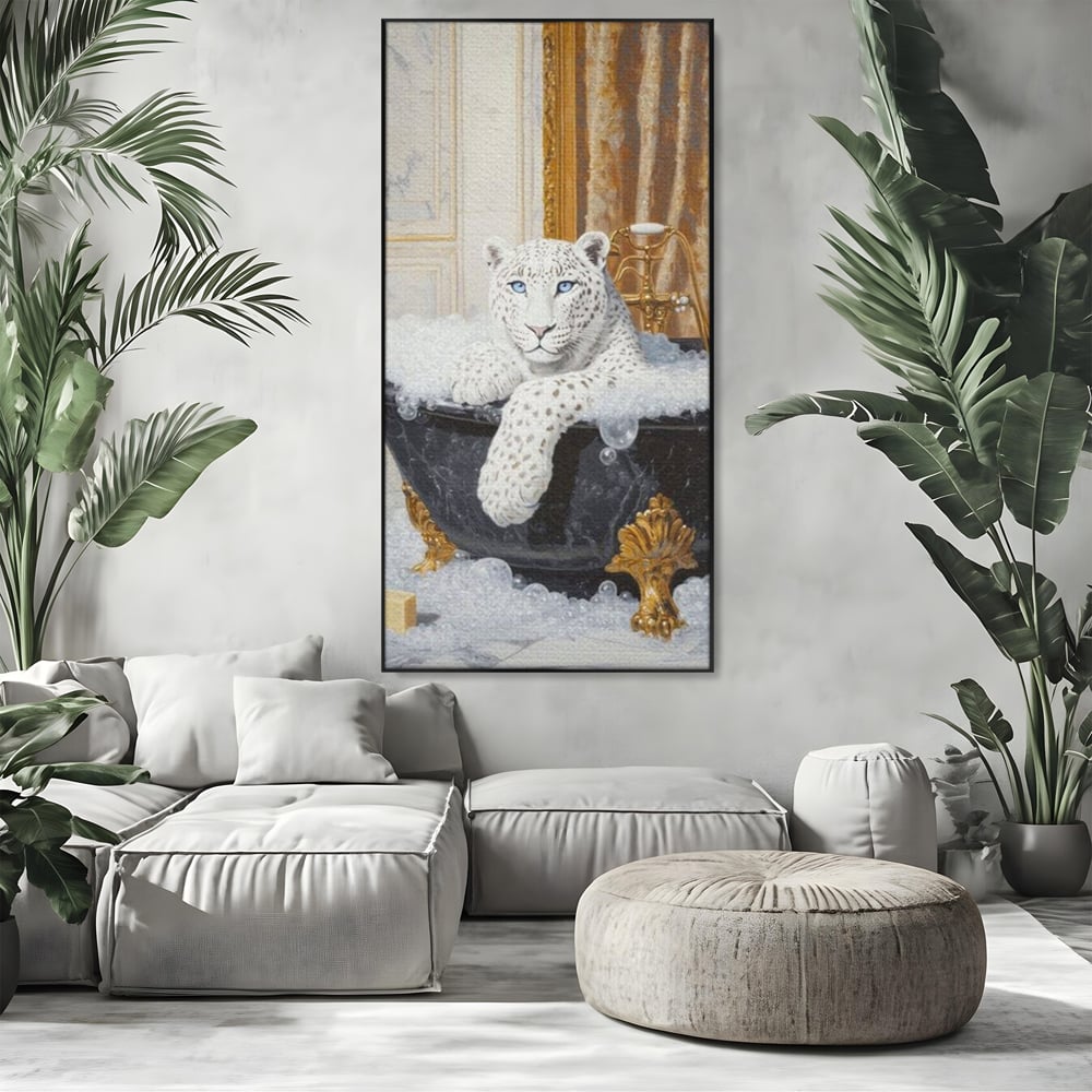 Tablou Canvas Premium, LuxCanva® M1159, Baia Regelui Alb, Portret, Leopard, Felina, Animale, Cada, Baie, Spuma, Marmura, Lux, Eleganta, Wild, Vintage, Birou, Living, Camera Copil
