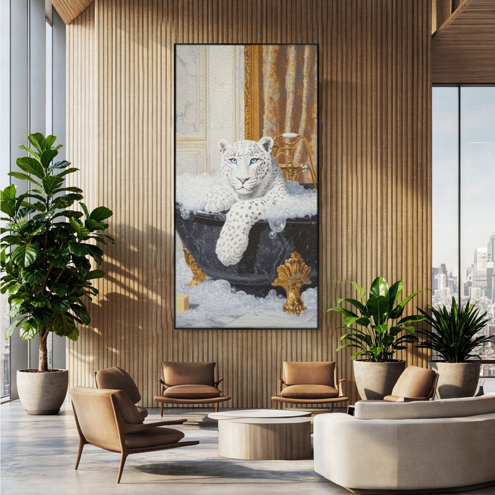 Tablou Canvas Premium, LuxCanva® M1159, Baia Regelui Alb, Portret, Leopard, Felina, Animale, Cada, Baie, Spuma, Marmura, Lux, Eleganta, Wild, Vintage, Birou, Living, Camera Copil