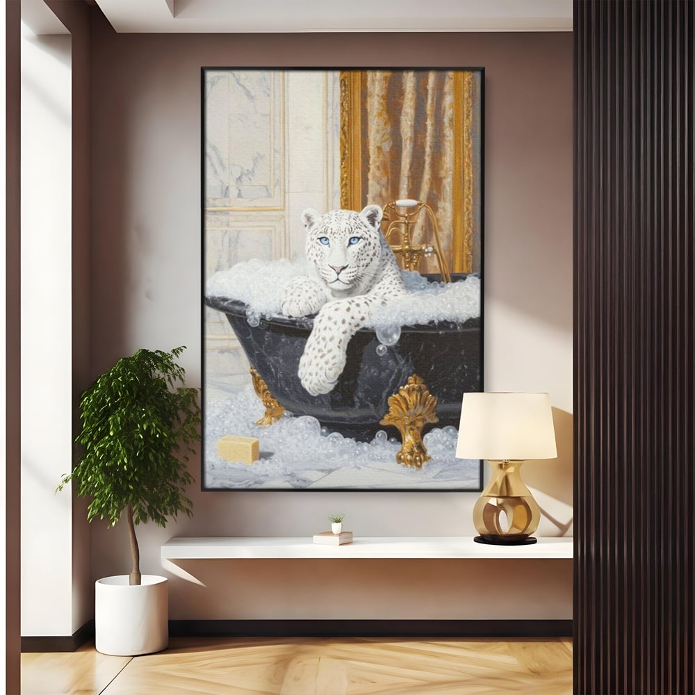 Tablou Canvas Premium, LuxCanva® M1159, Baia Regelui Alb, Portret, Leopard, Felina, Animale, Cada, Baie, Spuma, Marmura, Lux, Eleganta, Wild, Vintage, Birou, Living, Camera Copil