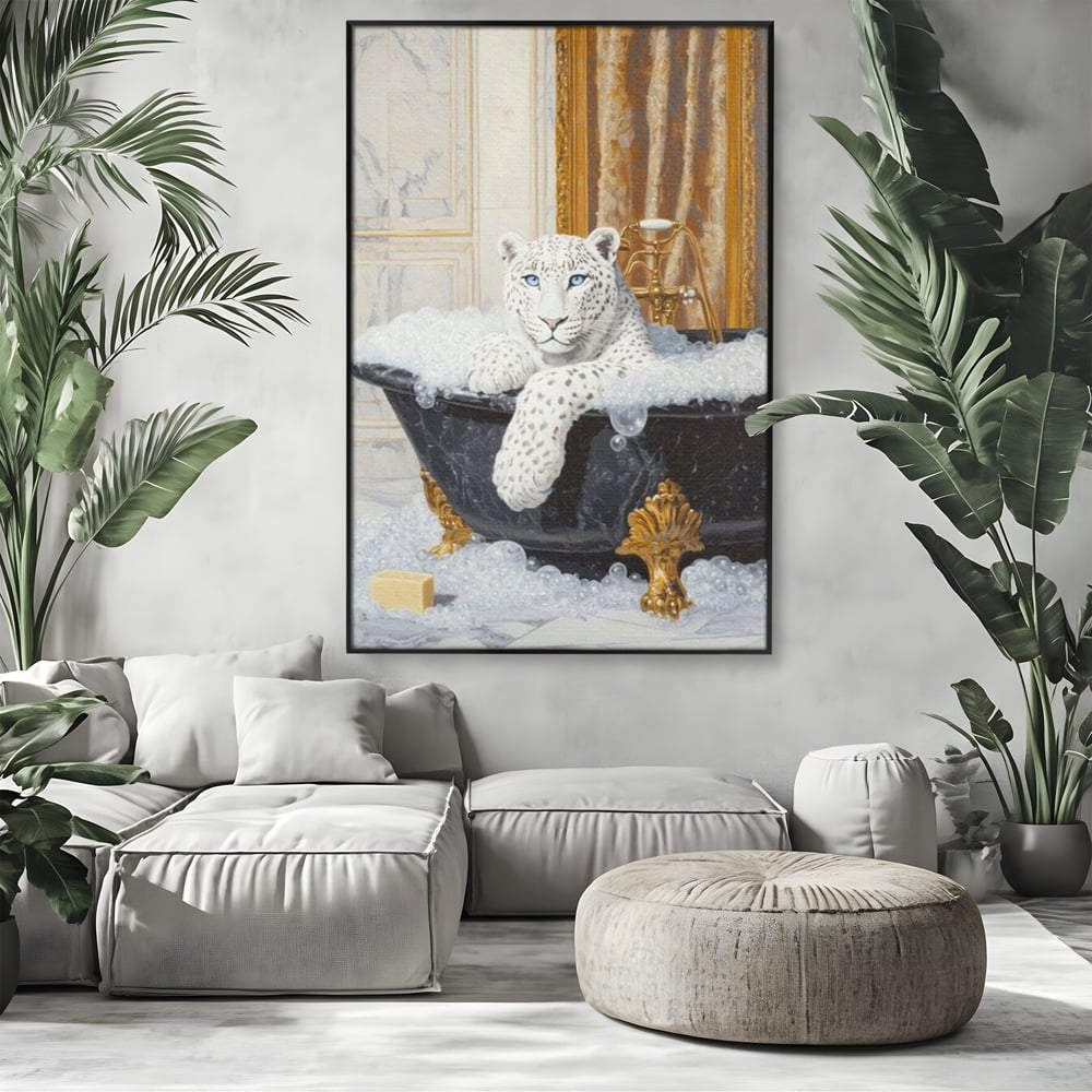 Tablou Canvas Premium, LuxCanva® M1159, Baia Regelui Alb, Portret, Leopard, Felina, Animale, Cada, Baie, Spuma, Marmura, Lux, Eleganta, Wild, Vintage, Birou, Living, Camera Copil