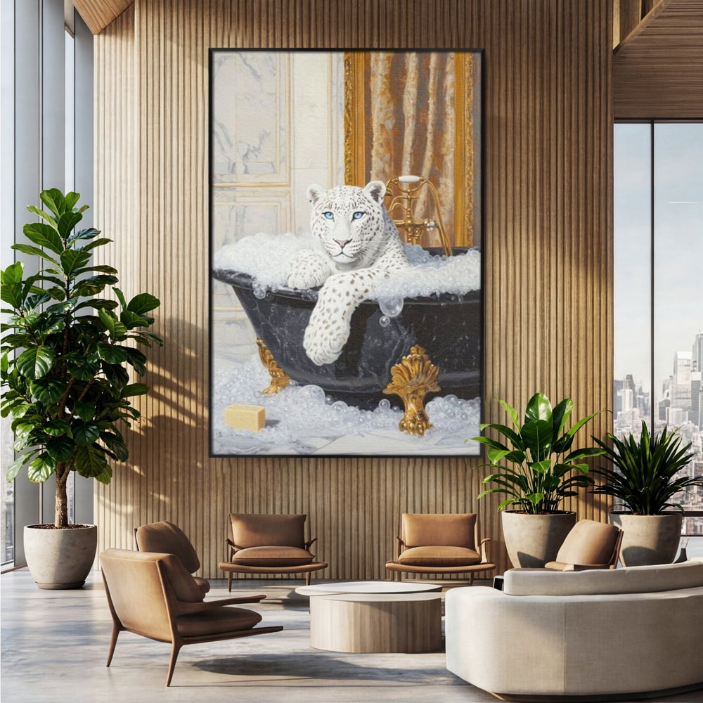Tablou Canvas Premium, LuxCanva® M1159, Baia Regelui Alb, Portret, Leopard, Felina, Animale, Cada, Baie, Spuma, Marmura, Lux, Eleganta, Wild, Vintage, Birou, Living, Camera Copil