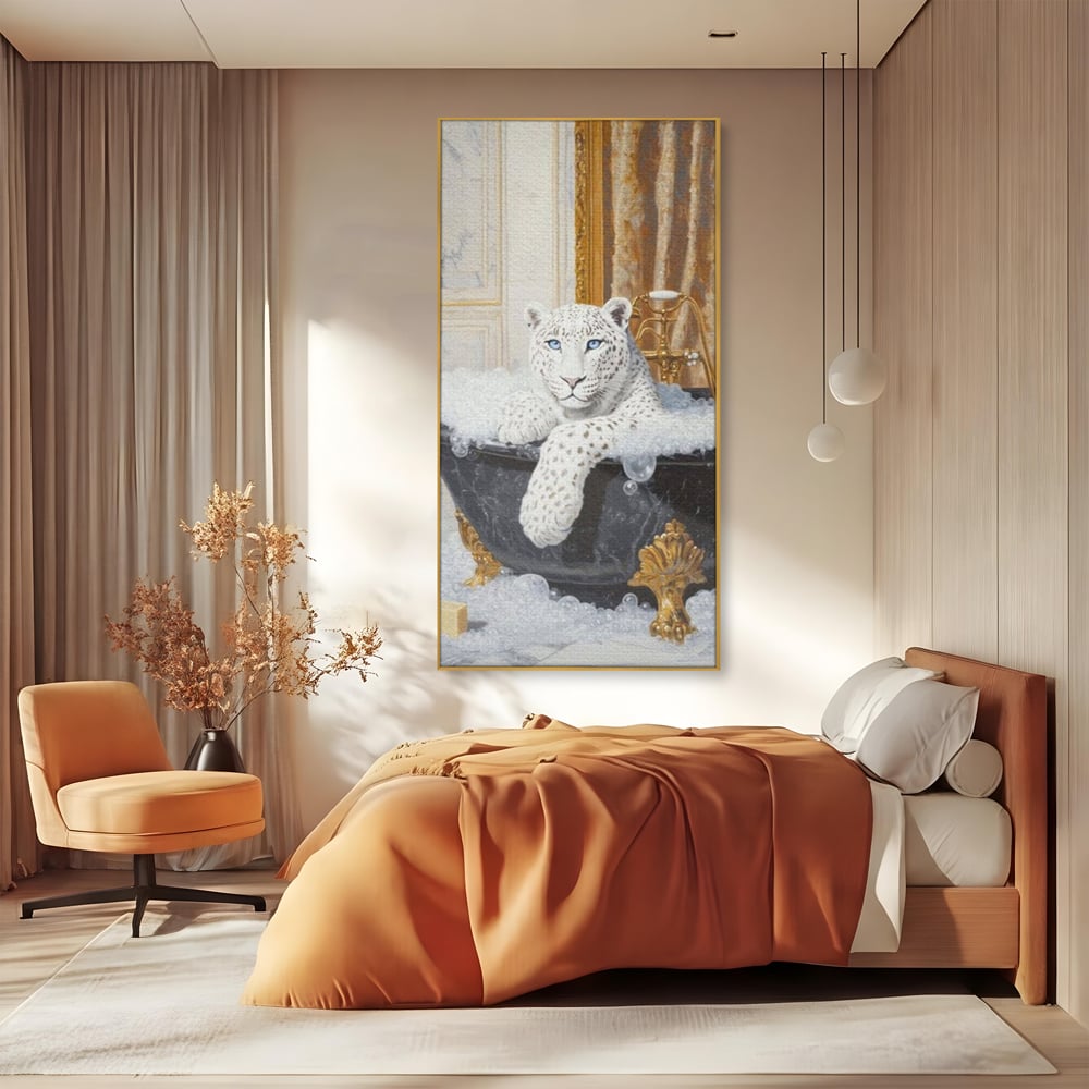 Tablou Canvas Premium, LuxCanva® M1159, Baia Regelui Alb, Portret, Leopard, Felina, Animale, Cada, Baie, Spuma, Marmura, Lux, Eleganta, Wild, Vintage, Birou, Living, Camera Copil