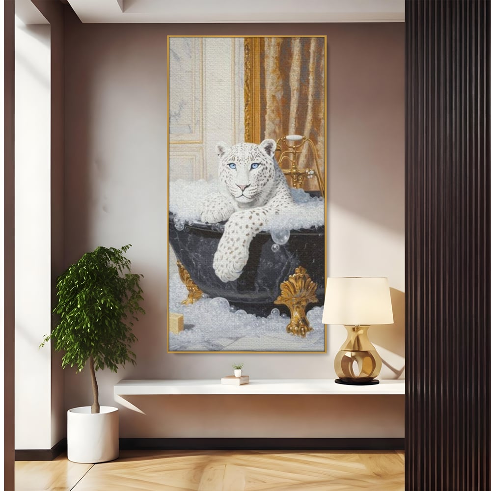 Tablou Canvas Premium, LuxCanva® M1159, Baia Regelui Alb, Portret, Leopard, Felina, Animale, Cada, Baie, Spuma, Marmura, Lux, Eleganta, Wild, Vintage, Birou, Living, Camera Copil