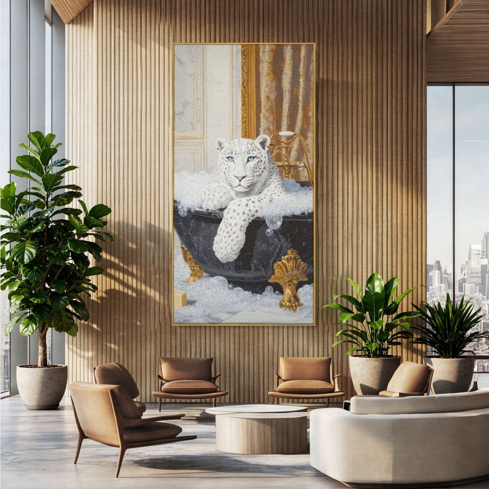 Tablou Canvas Premium, LuxCanva® M1159, Baia Regelui Alb, Portret, Leopard, Felina, Animale, Cada, Baie, Spuma, Marmura, Lux, Eleganta, Wild, Vintage, Birou, Living, Camera Copil