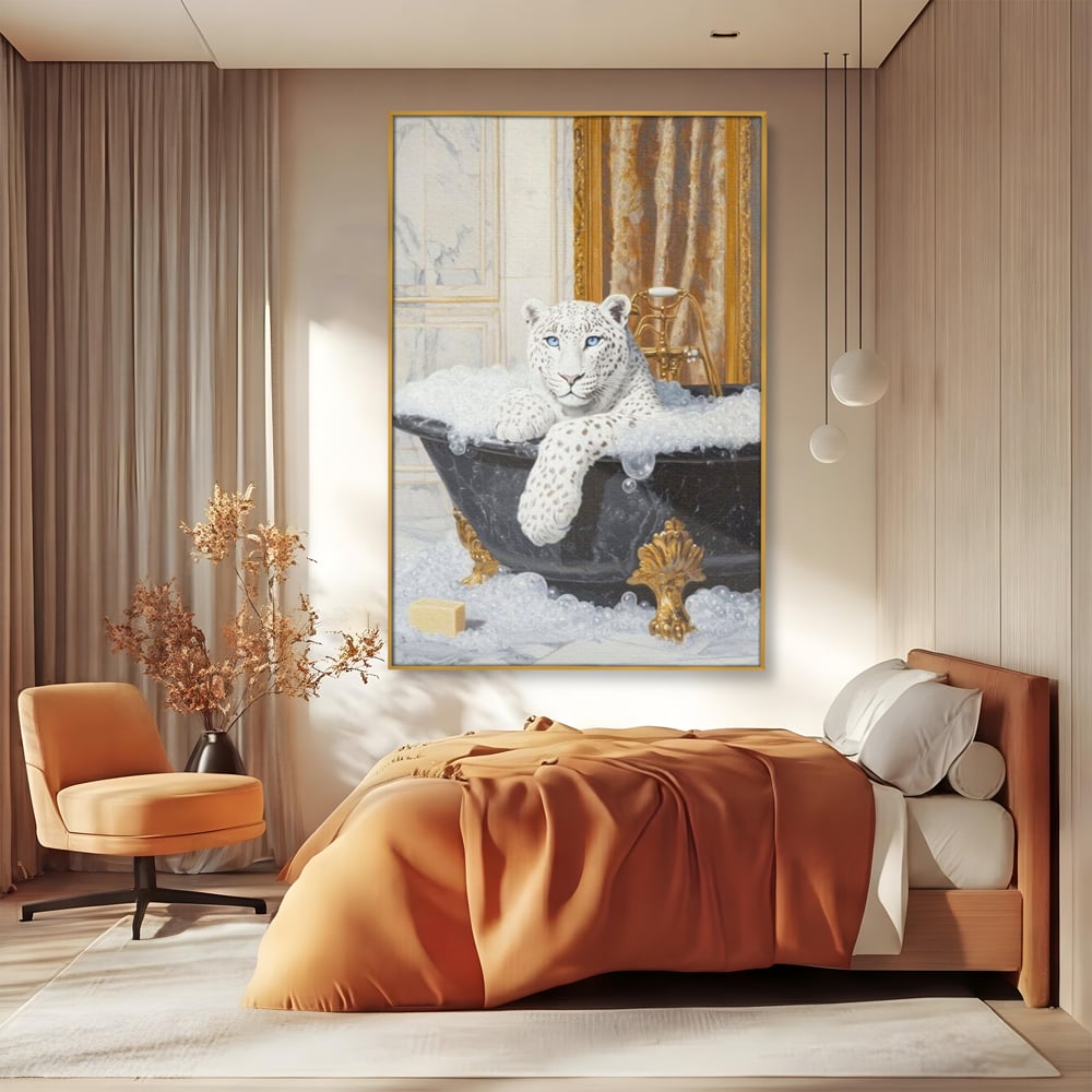 Tablou Canvas Premium, LuxCanva® M1159, Baia Regelui Alb, Portret, Leopard, Felina, Animale, Cada, Baie, Spuma, Marmura, Lux, Eleganta, Wild, Vintage, Birou, Living, Camera Copil