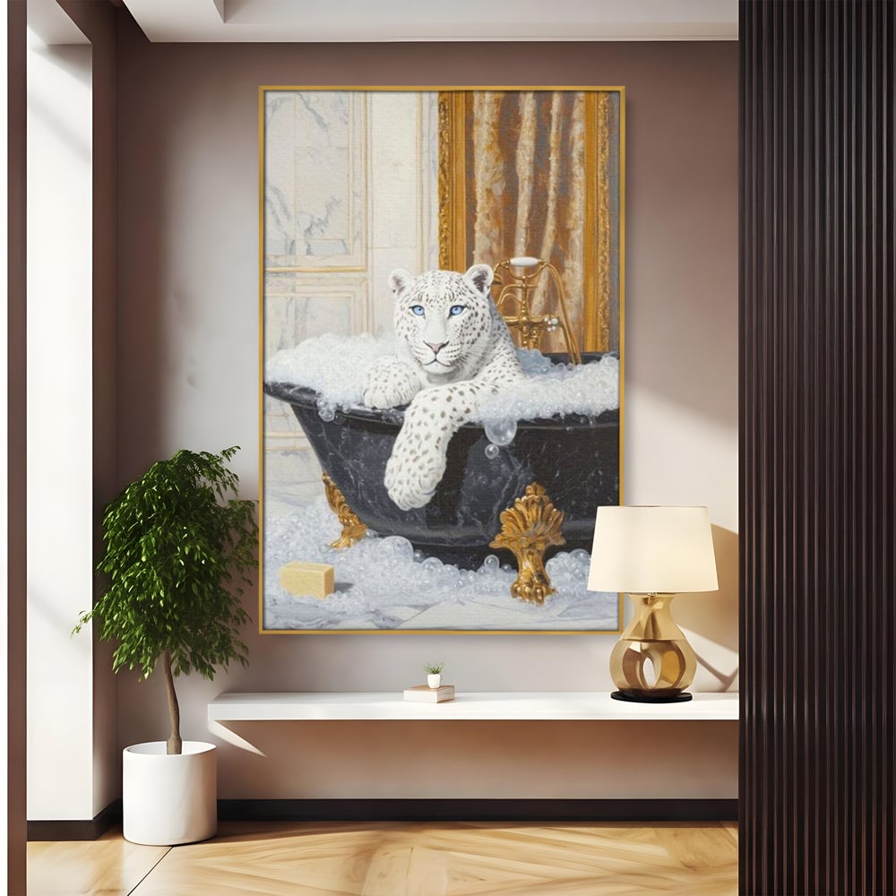 Tablou Canvas Premium, LuxCanva® M1159, Baia Regelui Alb, Portret, Leopard, Felina, Animale, Cada, Baie, Spuma, Marmura, Lux, Eleganta, Wild, Vintage, Birou, Living, Camera Copil