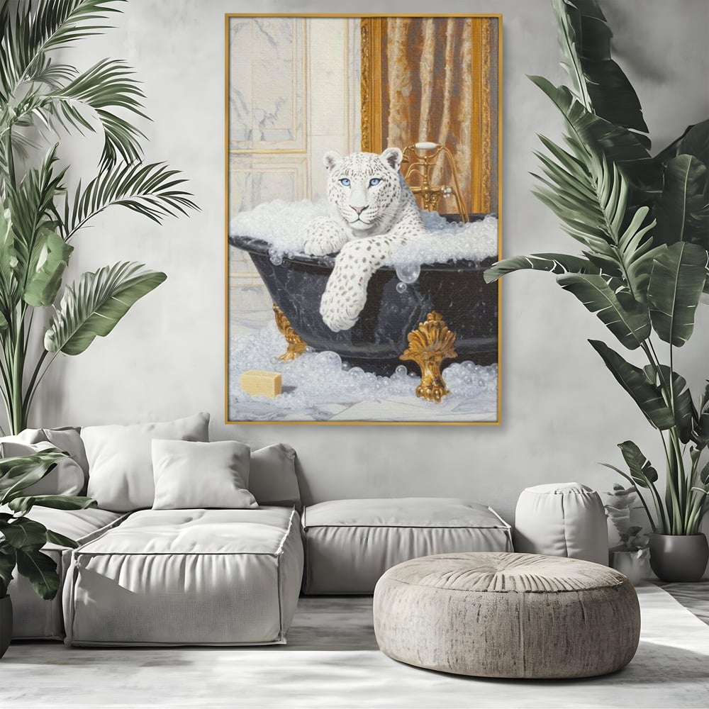 Tablou Canvas Premium, LuxCanva® M1159, Baia Regelui Alb, Portret, Leopard, Felina, Animale, Cada, Baie, Spuma, Marmura, Lux, Eleganta, Wild, Vintage, Birou, Living, Camera Copil