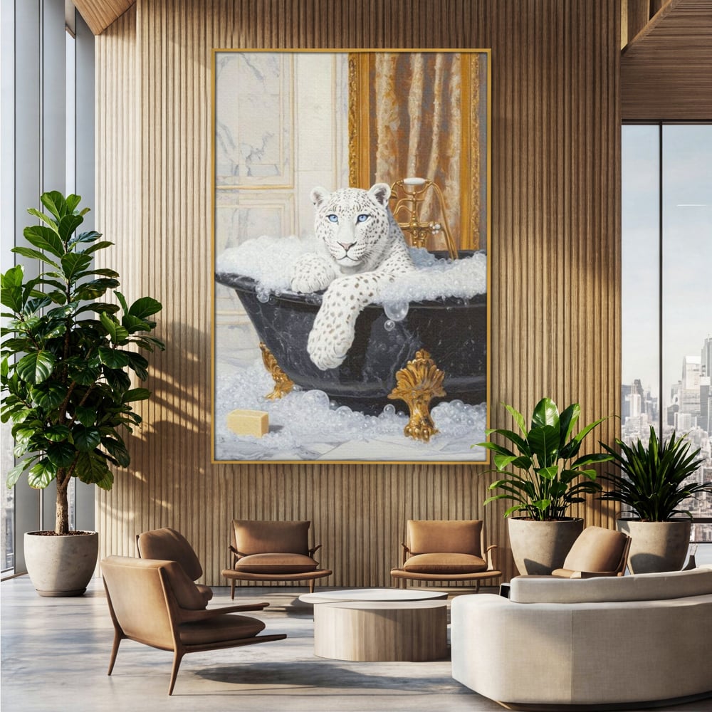 Tablou Canvas Premium, LuxCanva® M1159, Baia Regelui Alb, Portret, Leopard, Felina, Animale, Cada, Baie, Spuma, Marmura, Lux, Eleganta, Wild, Vintage, Birou, Living, Camera Copil