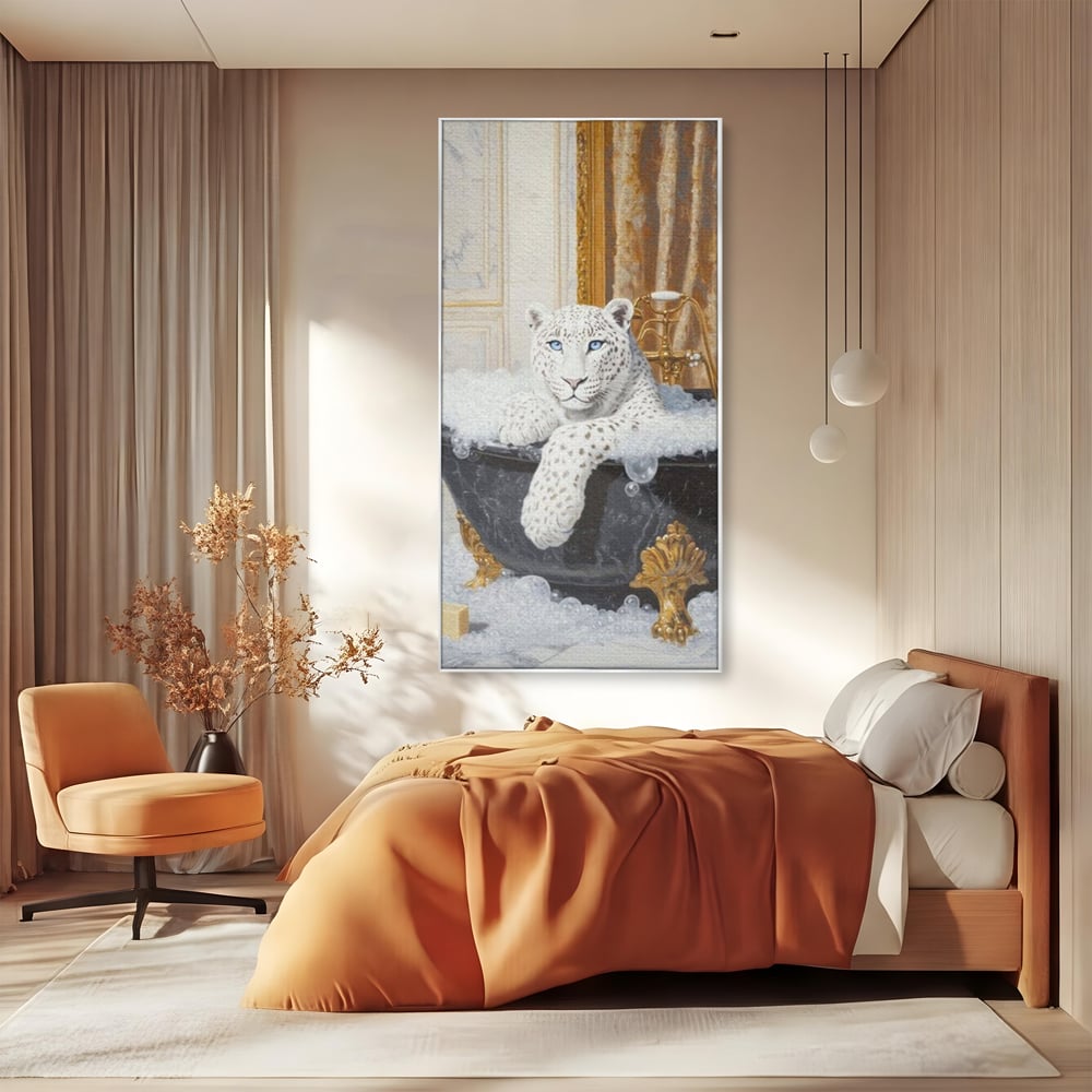 Tablou Canvas Premium, LuxCanva® M1159, Baia Regelui Alb, Portret, Leopard, Felina, Animale, Cada, Baie, Spuma, Marmura, Lux, Eleganta, Wild, Vintage, Birou, Living, Camera Copil