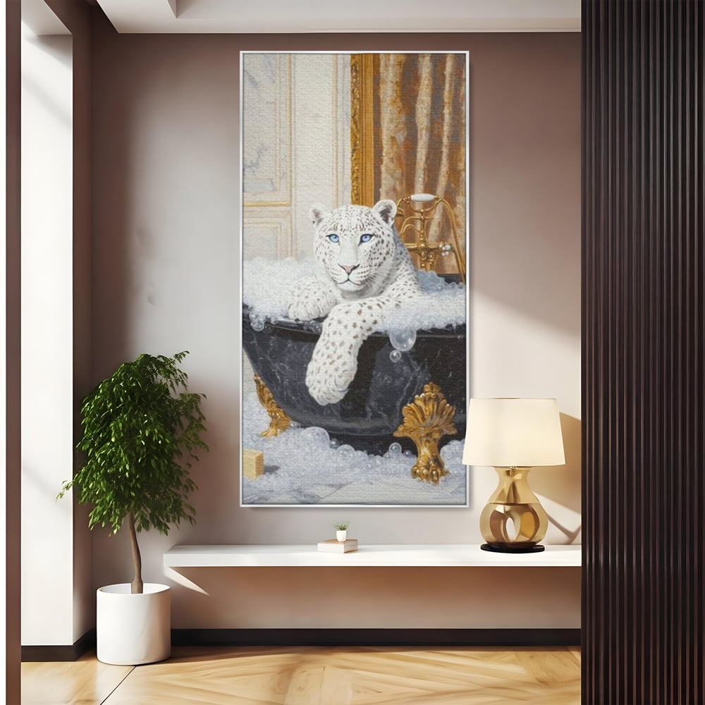 Tablou Canvas Premium, LuxCanva® M1159, Baia Regelui Alb, Portret, Leopard, Felina, Animale, Cada, Baie, Spuma, Marmura, Lux, Eleganta, Wild, Vintage, Birou, Living, Camera Copil