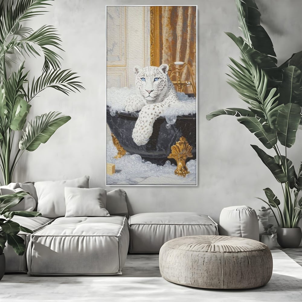 Tablou Canvas Premium, LuxCanva® M1159, Baia Regelui Alb, Portret, Leopard, Felina, Animale, Cada, Baie, Spuma, Marmura, Lux, Eleganta, Wild, Vintage, Birou, Living, Camera Copil