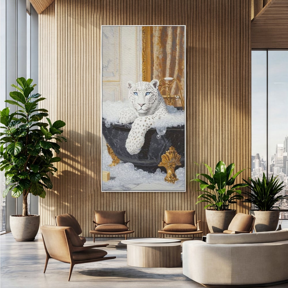 Tablou Canvas Premium, LuxCanva® M1159, Baia Regelui Alb, Portret, Leopard, Felina, Animale, Cada, Baie, Spuma, Marmura, Lux, Eleganta, Wild, Vintage, Birou, Living, Camera Copil