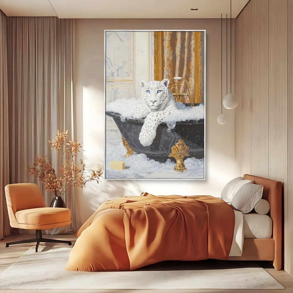 Tablou Canvas Premium, LuxCanva® M1159, Baia Regelui Alb, Portret, Leopard, Felina, Animale, Cada, Baie, Spuma, Marmura, Lux, Eleganta, Wild, Vintage, Birou, Living, Camera Copil