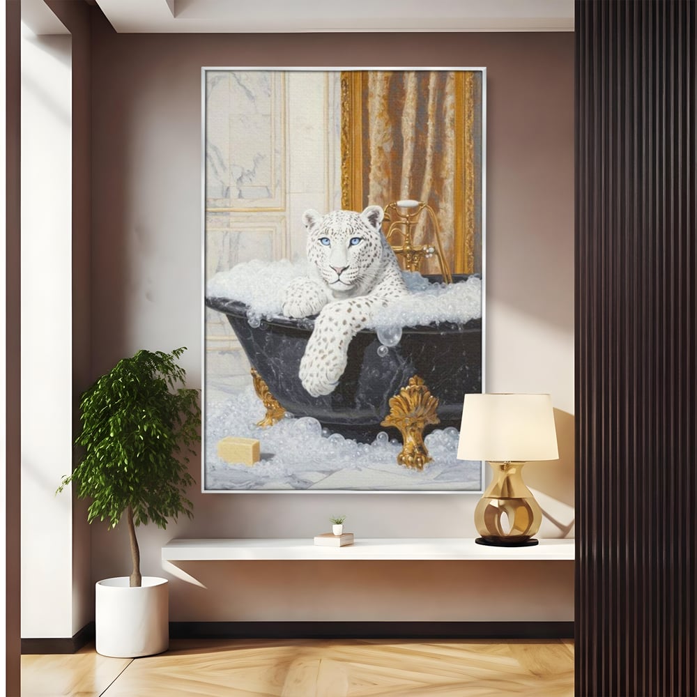 Tablou Canvas Premium, LuxCanva® M1159, Baia Regelui Alb, Portret, Leopard, Felina, Animale, Cada, Baie, Spuma, Marmura, Lux, Eleganta, Wild, Vintage, Birou, Living, Camera Copil