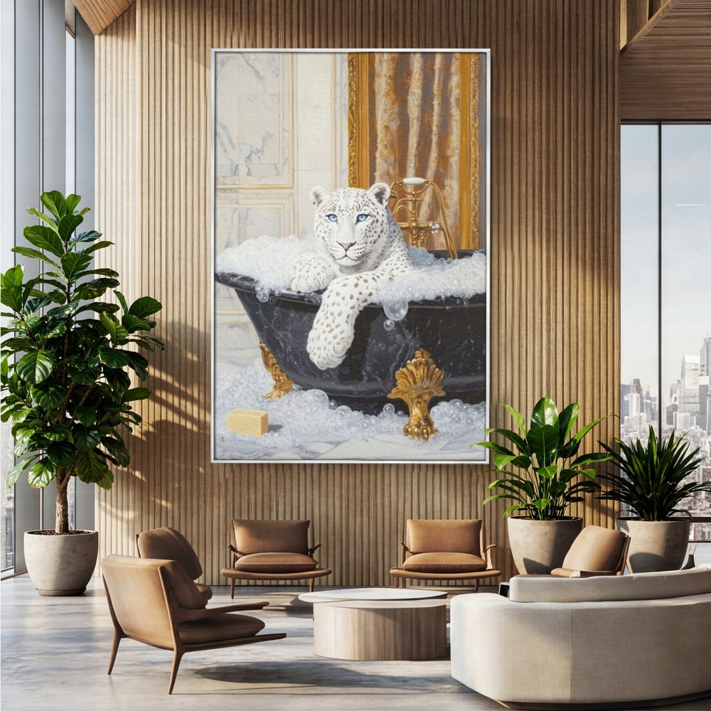 Tablou Canvas Premium, LuxCanva® M1159, Baia Regelui Alb, Portret, Leopard, Felina, Animale, Cada, Baie, Spuma, Marmura, Lux, Eleganta, Wild, Vintage, Birou, Living, Camera Copil
