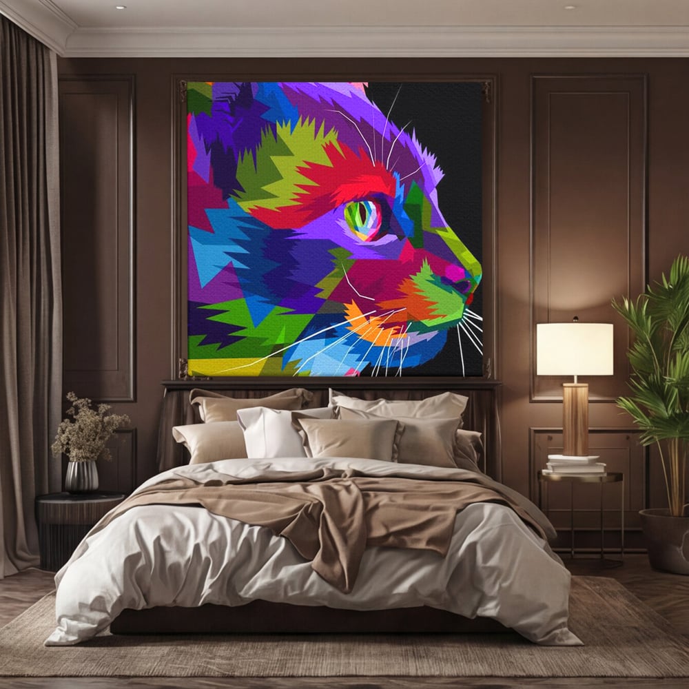 Tablou Canvas Premium, LuxCanva® M1160, Pisica Pop, Pisica, Urban, Abstract, Pop Art, Modern, Pixelat, Multicolor, Mustati, Blana, Animale, Felina, Portret, Birou, Living, Camera Copil