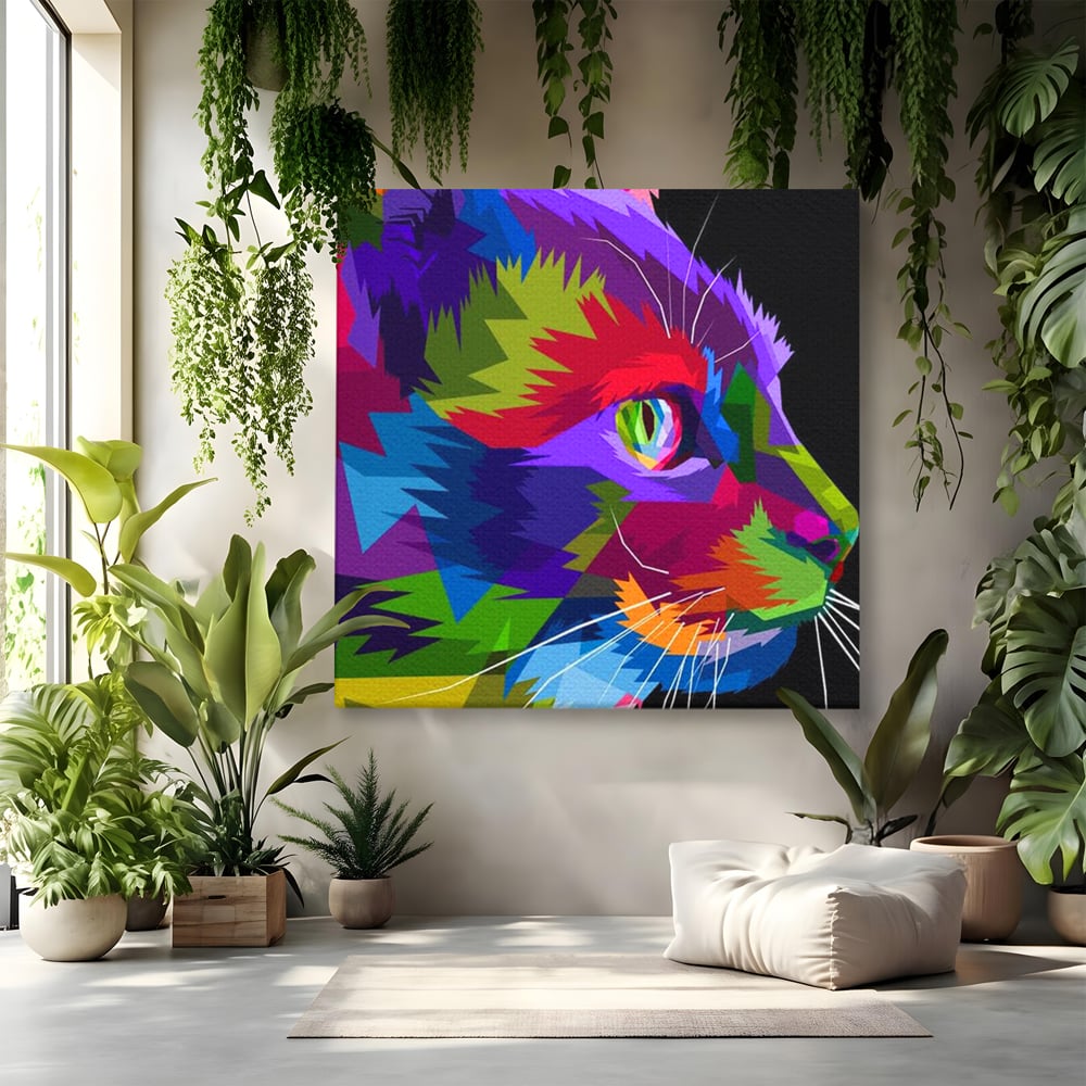 Tablou Canvas Premium, LuxCanva® M1160, Pisica Pop, Pisica, Urban, Abstract, Pop Art, Modern, Pixelat, Multicolor, Mustati, Blana, Animale, Felina, Portret, Birou, Living, Camera Copil