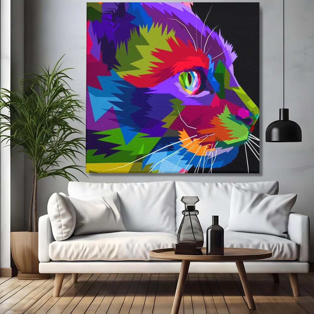 Tablou Canvas Premium, LuxCanva® M1160, Pisica Pop, Pisica, Urban, Abstract, Pop Art, Modern, Pixelat, Multicolor, Mustati, Blana, Animale, Felina, Portret, Birou, Living, Camera Copil