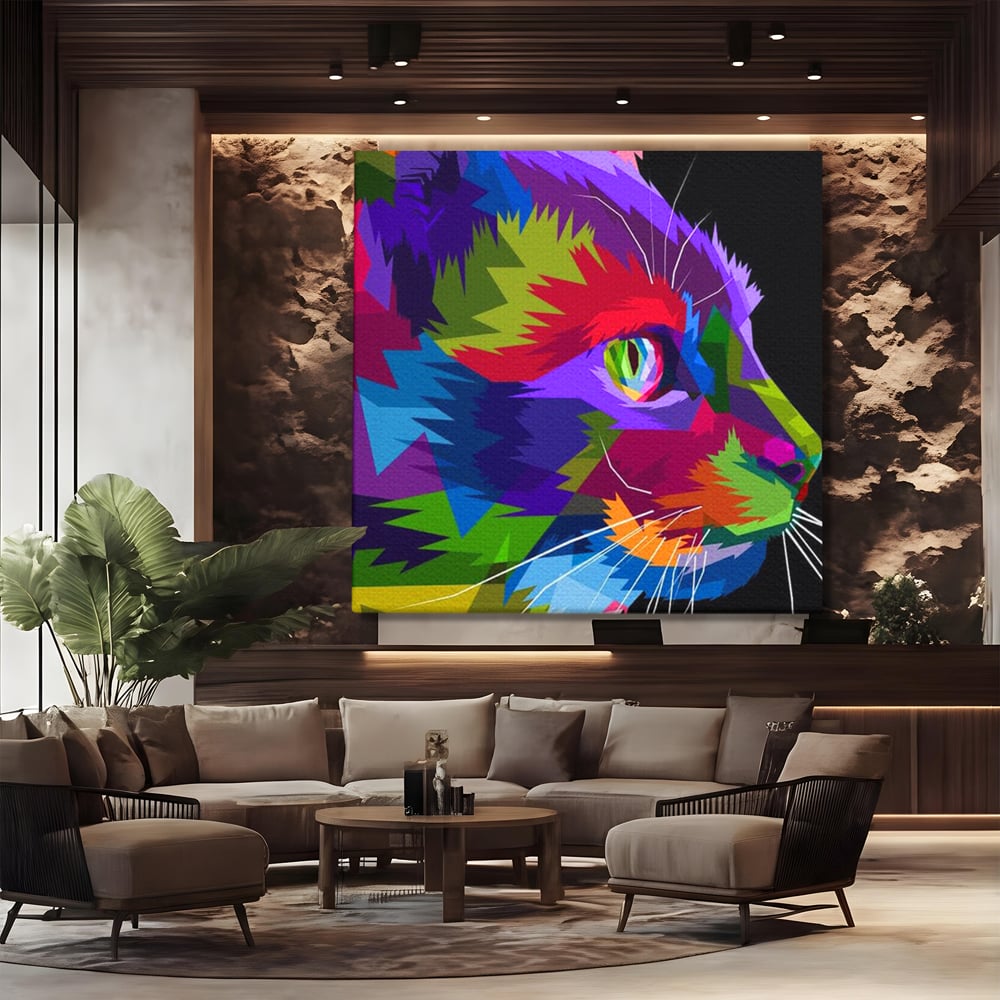 Tablou Canvas Premium, LuxCanva® M1160, Pisica Pop, Pisica, Urban, Abstract, Pop Art, Modern, Pixelat, Multicolor, Mustati, Blana, Animale, Felina, Portret, Birou, Living, Camera Copil