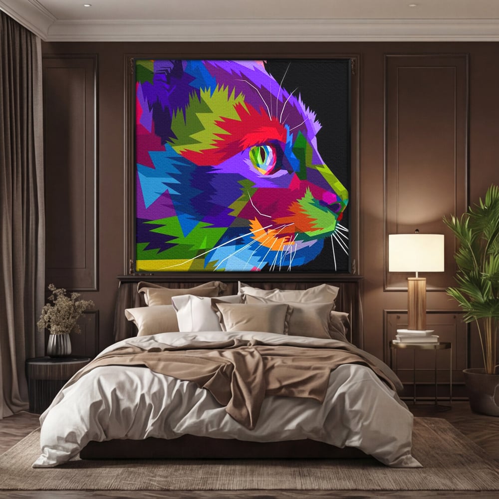 Tablou Canvas Premium, LuxCanva® M1160, Pisica Pop, Pisica, Urban, Abstract, Pop Art, Modern, Pixelat, Multicolor, Mustati, Blana, Animale, Felina, Portret, Birou, Living, Camera Copil