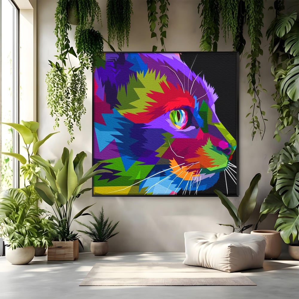 Tablou Canvas Premium, LuxCanva® M1160, Pisica Pop, Pisica, Urban, Abstract, Pop Art, Modern, Pixelat, Multicolor, Mustati, Blana, Animale, Felina, Portret, Birou, Living, Camera Copil