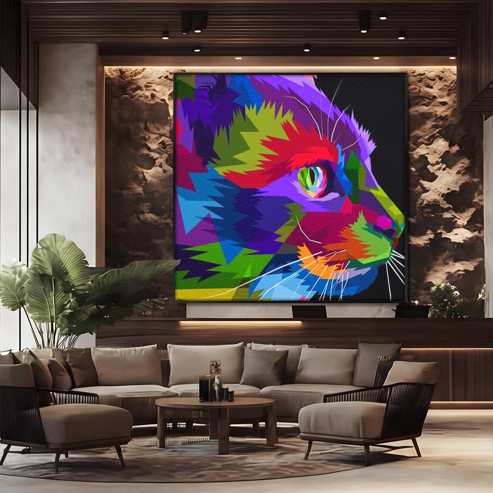 Tablou Canvas Premium, LuxCanva® M1160, Pisica Pop, Pisica, Urban, Abstract, Pop Art, Modern, Pixelat, Multicolor, Mustati, Blana, Animale, Felina, Portret, Birou, Living, Camera Copil