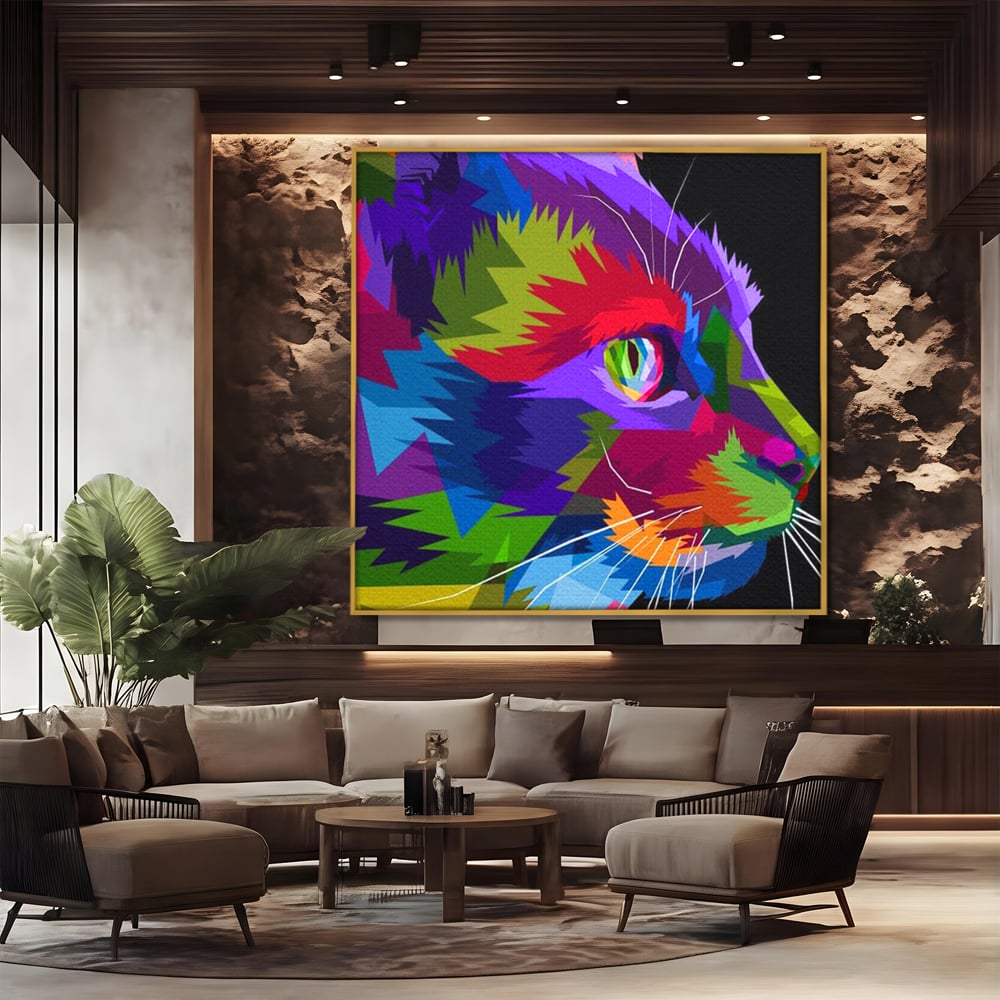 Tablou Canvas Premium, LuxCanva® M1160, Pisica Pop, Pisica, Urban, Abstract, Pop Art, Modern, Pixelat, Multicolor, Mustati, Blana, Animale, Felina, Portret, Birou, Living, Camera Copil