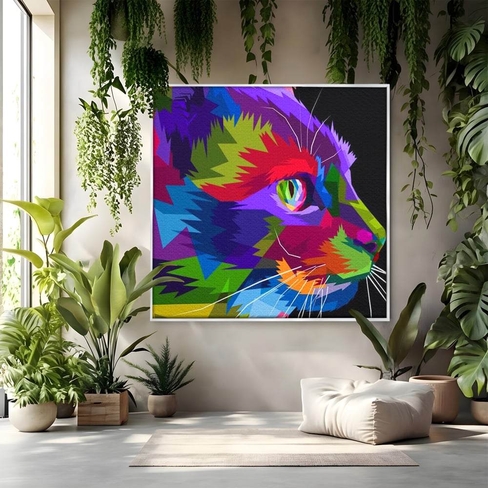 Tablou Canvas Premium, LuxCanva® M1160, Pisica Pop, Pisica, Urban, Abstract, Pop Art, Modern, Pixelat, Multicolor, Mustati, Blana, Animale, Felina, Portret, Birou, Living, Camera Copil