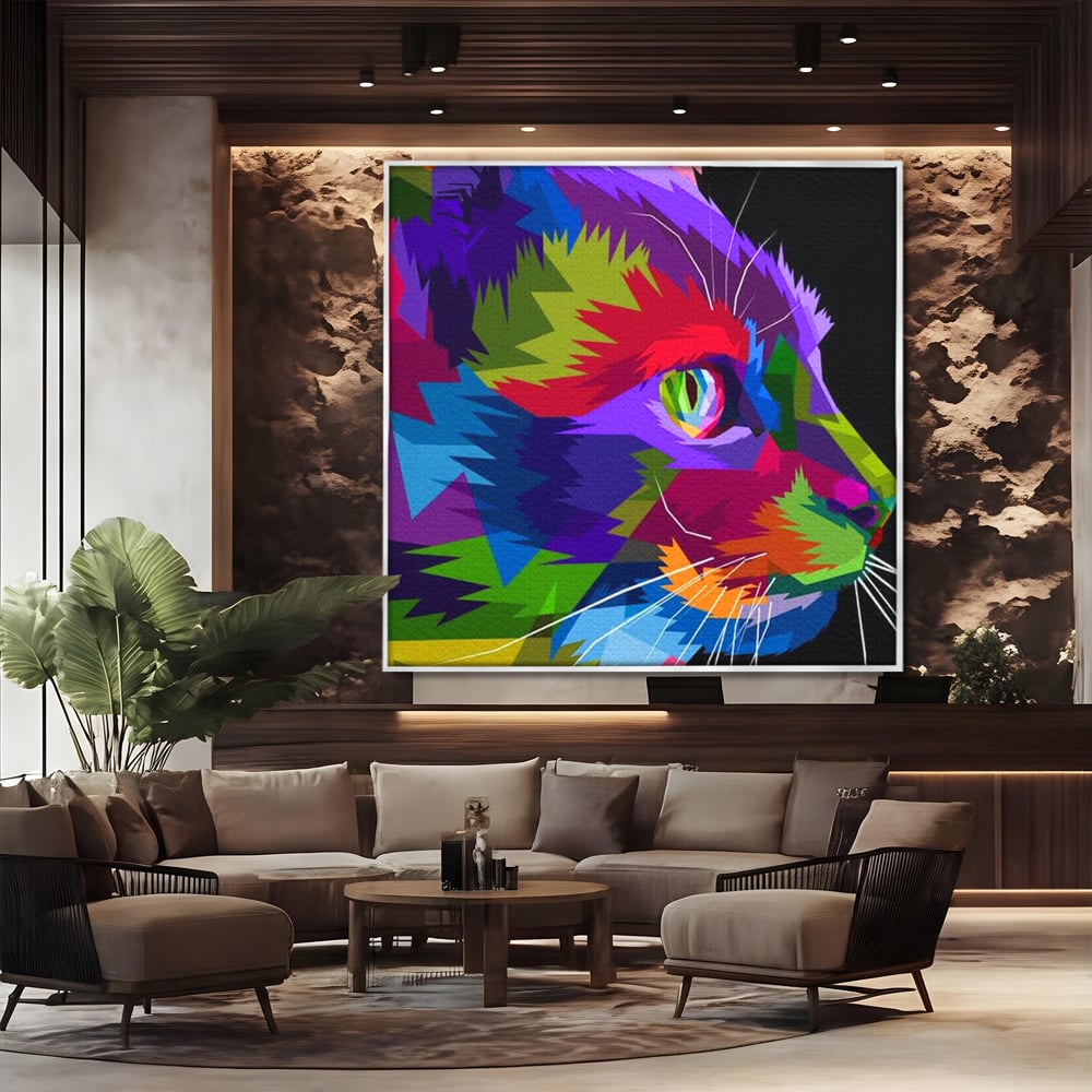 Tablou Canvas Premium, LuxCanva® M1160, Pisica Pop, Pisica, Urban, Abstract, Pop Art, Modern, Pixelat, Multicolor, Mustati, Blana, Animale, Felina, Portret, Birou, Living, Camera Copil