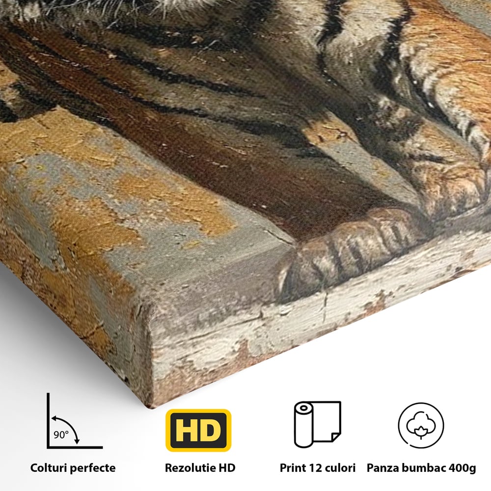 Tablou Canvas Premium, LuxCanva® M1162, Regatul Felinei, Tigru, Animal, Rustic, Felina, Antic, Vintage, Trecut, Slabatic, Auriu, Puternic, Regal, Portret, Texturat, Birou, Living, Camera Copil