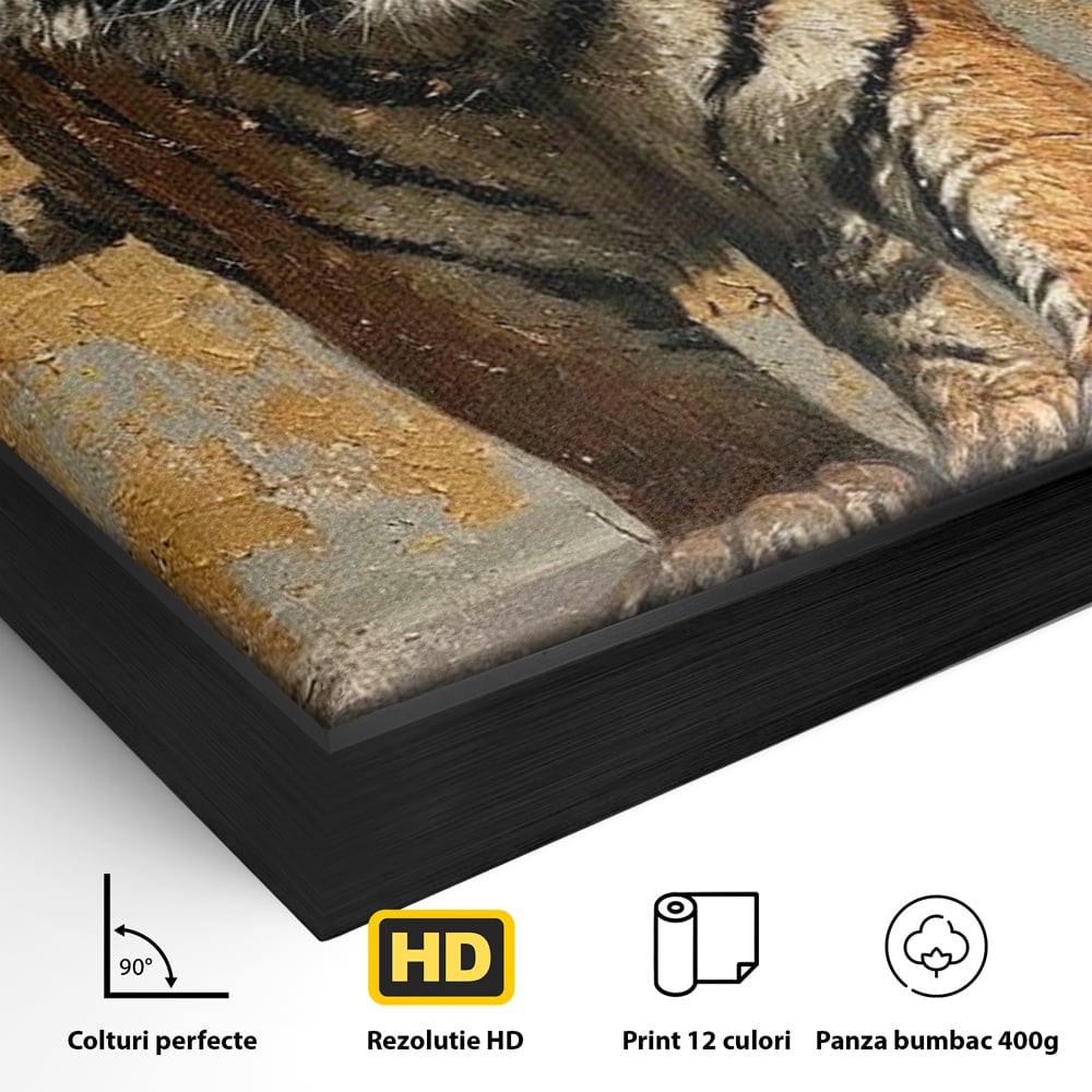 Tablou Canvas Premium, LuxCanva® M1162, Regatul Felinei, Tigru, Animal, Rustic, Felina, Antic, Vintage, Trecut, Slabatic, Auriu, Puternic, Regal, Portret, Texturat, Birou, Living, Camera Copil