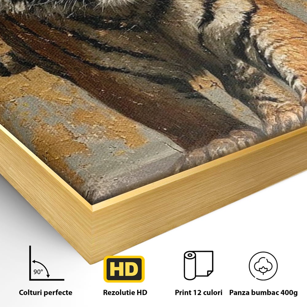 Tablou Canvas Premium, LuxCanva® M1162, Regatul Felinei, Tigru, Animal, Rustic, Felina, Antic, Vintage, Trecut, Slabatic, Auriu, Puternic, Regal, Portret, Texturat, Birou, Living, Camera Copil