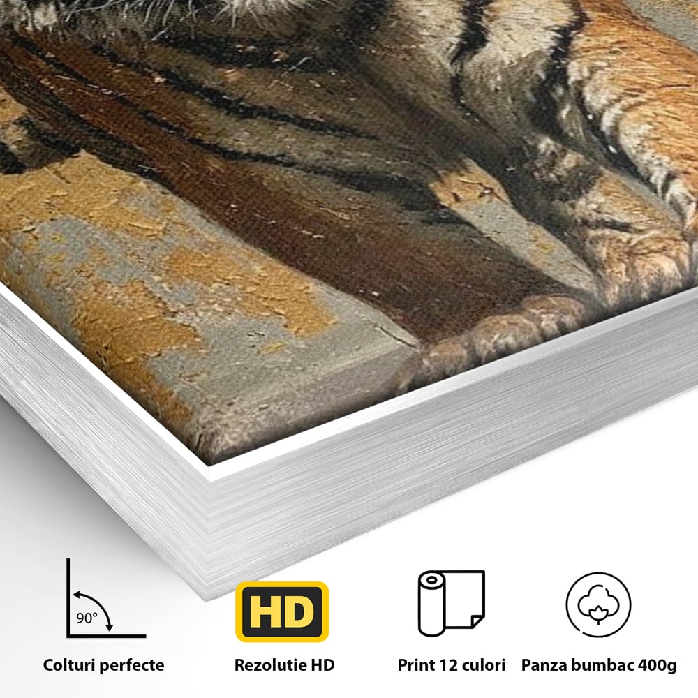 Tablou Canvas Premium, LuxCanva® M1162, Regatul Felinei, Tigru, Animal, Rustic, Felina, Antic, Vintage, Trecut, Slabatic, Auriu, Puternic, Regal, Portret, Texturat, Birou, Living, Camera Copil