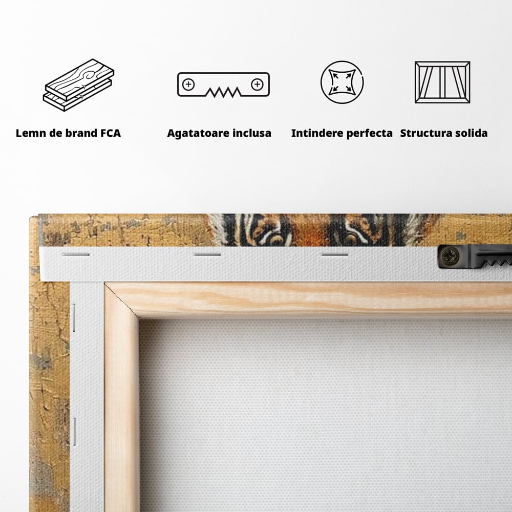 Tablou Canvas Premium, LuxCanva® M1162, Regatul Felinei, Tigru, Animal, Rustic, Felina, Antic, Vintage, Trecut, Slabatic, Auriu, Puternic, Regal, Portret, Texturat, Birou, Living, Camera Copil