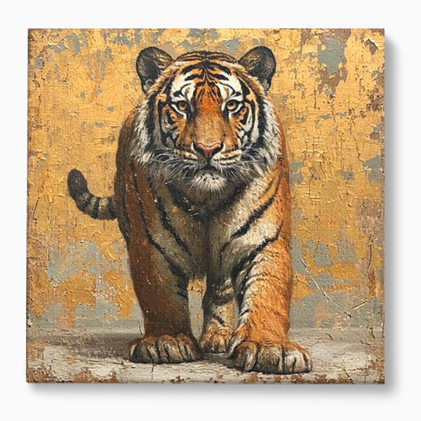 Tablou Canvas Premium, LuxCanva® M1162, Regatul Felinei, Tigru, Animal, Rustic, Felina, Antic, Vintage, Trecut, Slabatic, Auriu, Puternic, Regal, Portret, Texturat, Birou, Living, Camera Copil