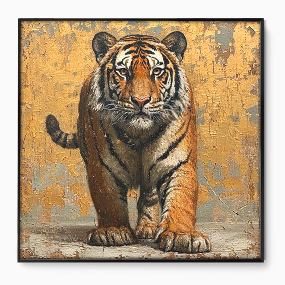 Tablou Canvas Premium, LuxCanva® M1162, Regatul Felinei, Tigru, Animal, Rustic, Felina, Antic, Vintage, Trecut, Slabatic, Auriu, Puternic, Regal, Portret, Texturat, Birou, Living, Camera Copil