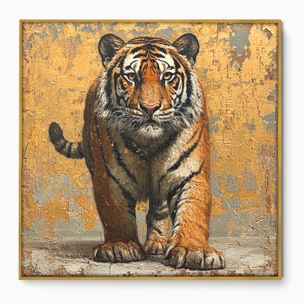 Tablou Canvas Premium, LuxCanva® M1162, Regatul Felinei, Tigru, Animal, Rustic, Felina, Antic, Vintage, Trecut, Slabatic, Auriu, Puternic, Regal, Portret, Texturat, Birou, Living, Camera Copil
