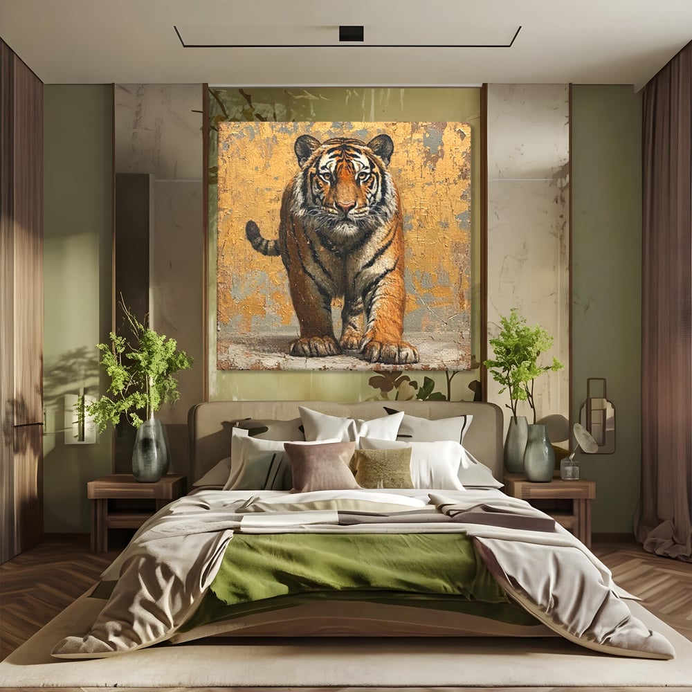 Tablou Canvas Premium, LuxCanva® M1162, Regatul Felinei, Tigru, Animal, Rustic, Felina, Antic, Vintage, Trecut, Slabatic, Auriu, Puternic, Regal, Portret, Texturat, Birou, Living, Camera Copil