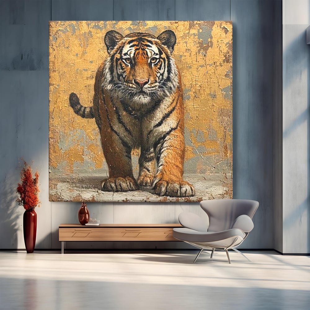 Tablou Canvas Premium, LuxCanva® M1162, Regatul Felinei, Tigru, Animal, Rustic, Felina, Antic, Vintage, Trecut, Slabatic, Auriu, Puternic, Regal, Portret, Texturat, Birou, Living, Camera Copil