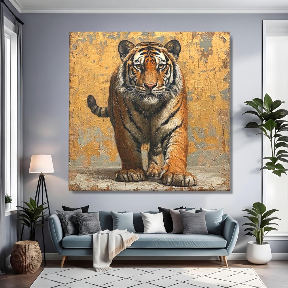 Tablou Canvas Premium, LuxCanva® M1162, Regatul Felinei, Tigru, Animal, Rustic, Felina, Antic, Vintage, Trecut, Slabatic, Auriu, Puternic, Regal, Portret, Texturat, Birou, Living, Camera Copil