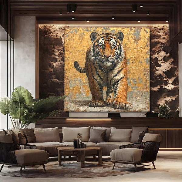 Tablou Canvas Premium, LuxCanva® M1162, Regatul Felinei, Tigru, Animal, Rustic, Felina, Antic, Vintage, Trecut, Slabatic, Auriu, Puternic, Regal, Portret, Texturat, Birou, Living, Camera Copil