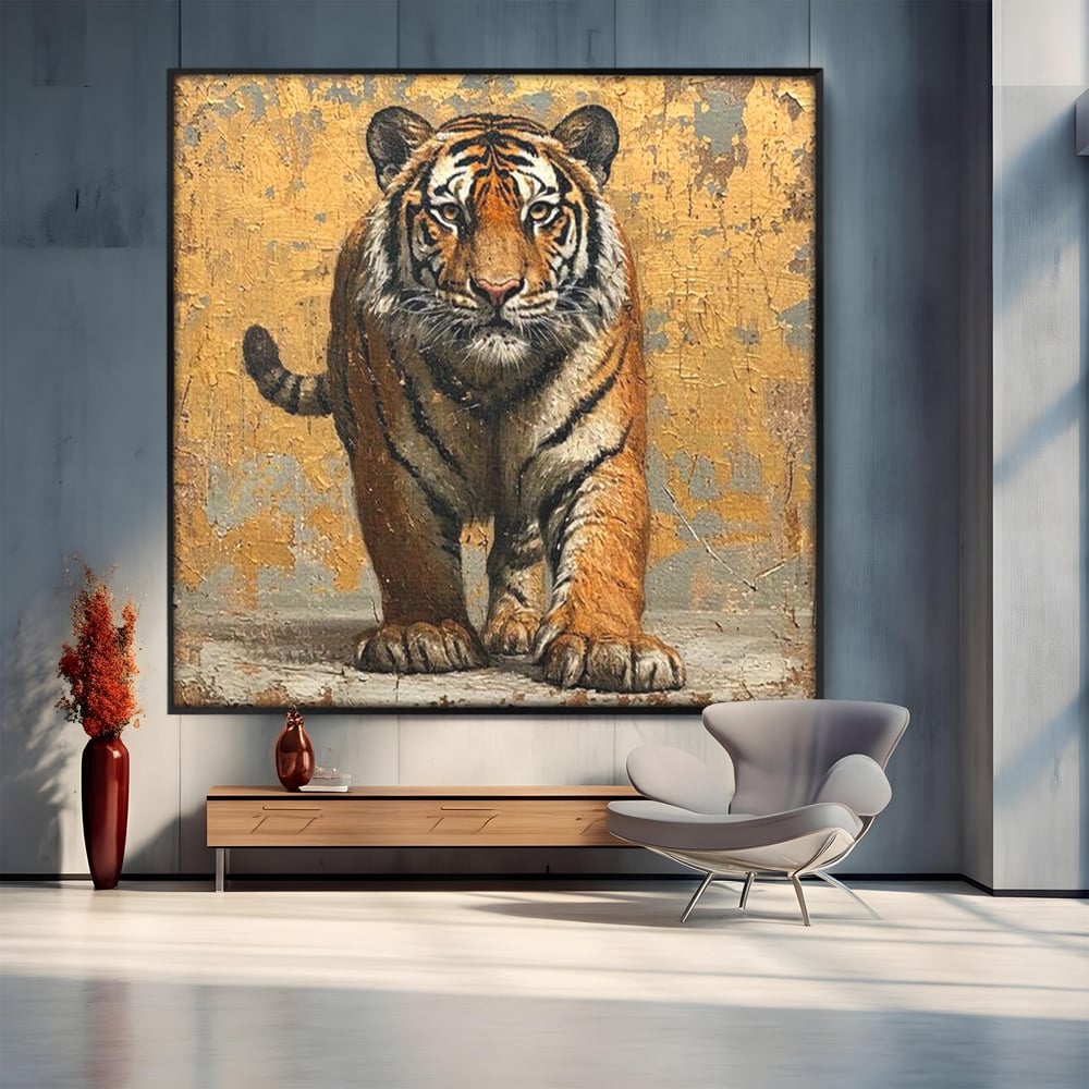 Tablou Canvas Premium, LuxCanva® M1162, Regatul Felinei, Tigru, Animal, Rustic, Felina, Antic, Vintage, Trecut, Slabatic, Auriu, Puternic, Regal, Portret, Texturat, Birou, Living, Camera Copil