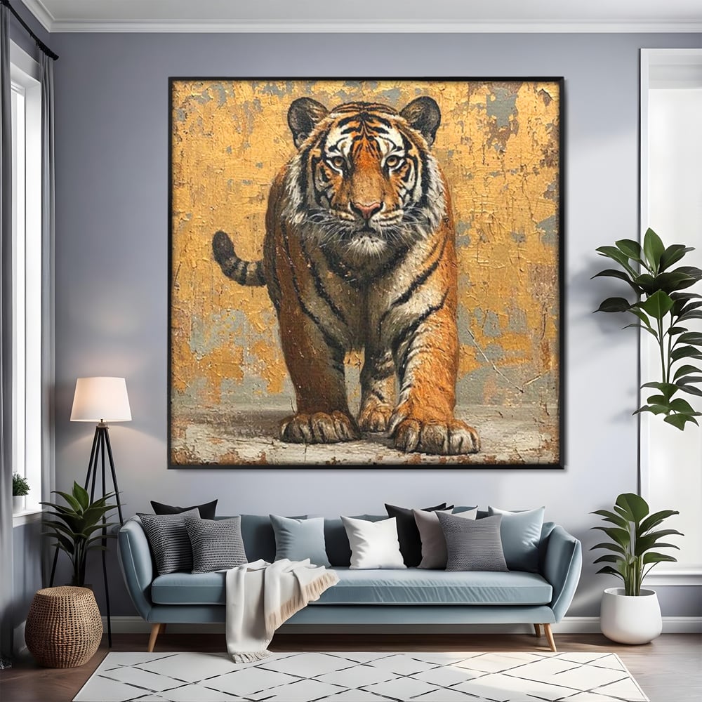 Tablou Canvas Premium, LuxCanva® M1162, Regatul Felinei, Tigru, Animal, Rustic, Felina, Antic, Vintage, Trecut, Slabatic, Auriu, Puternic, Regal, Portret, Texturat, Birou, Living, Camera Copil