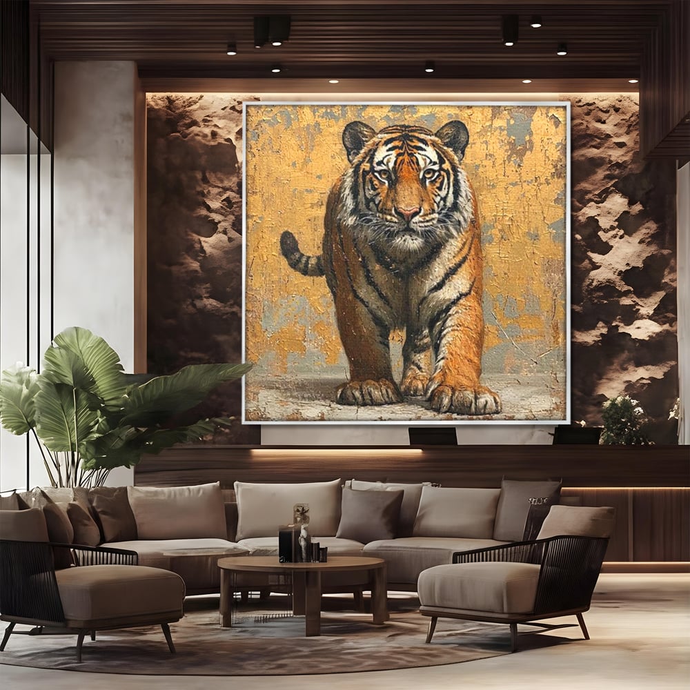 Tablou Canvas Premium, LuxCanva® M1162, Regatul Felinei, Tigru, Animal, Rustic, Felina, Antic, Vintage, Trecut, Slabatic, Auriu, Puternic, Regal, Portret, Texturat, Birou, Living, Camera Copil