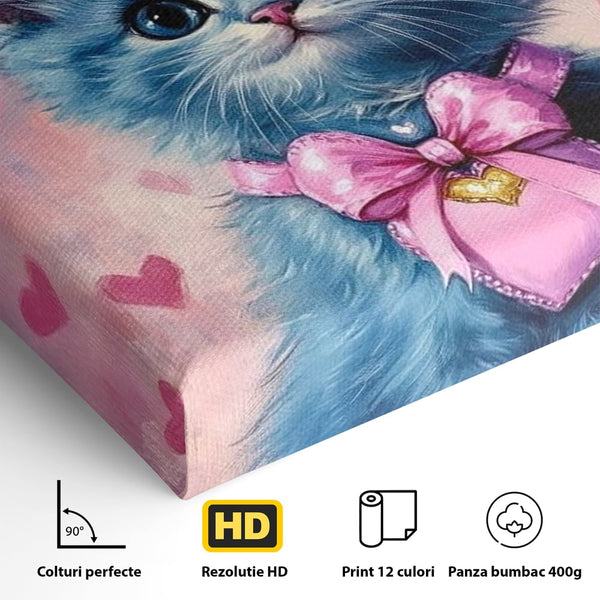 Tablou Canvas Premium, LuxCanva® M1166, Printesa cu Fundita Roz, Pastel, Coroana, Printesa, Adorabil, Pisica, Pufos, Roz, Inima, Fundita, Dragut, Portret, Birou, Living, Camera Copil
