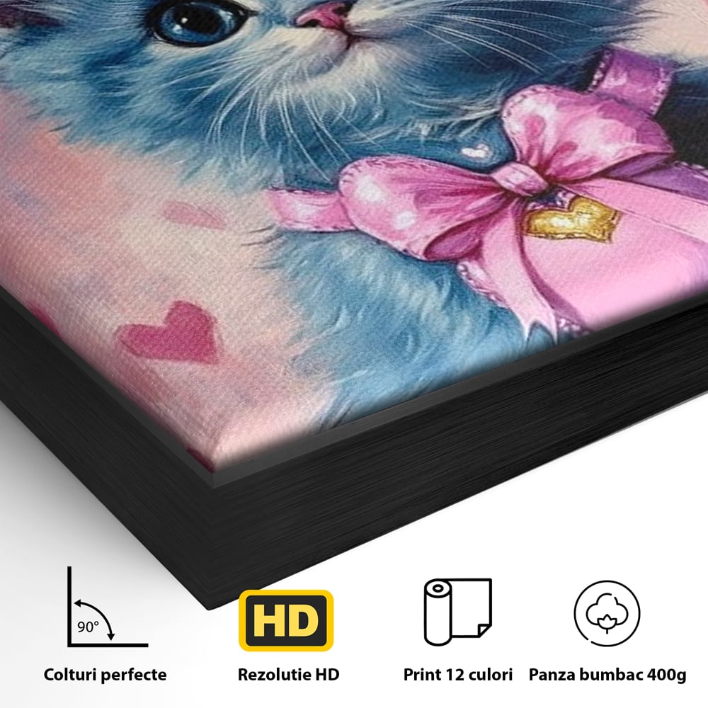 Tablou Canvas Premium, LuxCanva® M1166, Printesa cu Fundita Roz, Pastel, Coroana, Printesa, Adorabil, Pisica, Pufos, Roz, Inima, Fundita, Dragut, Portret, Birou, Living, Camera Copil