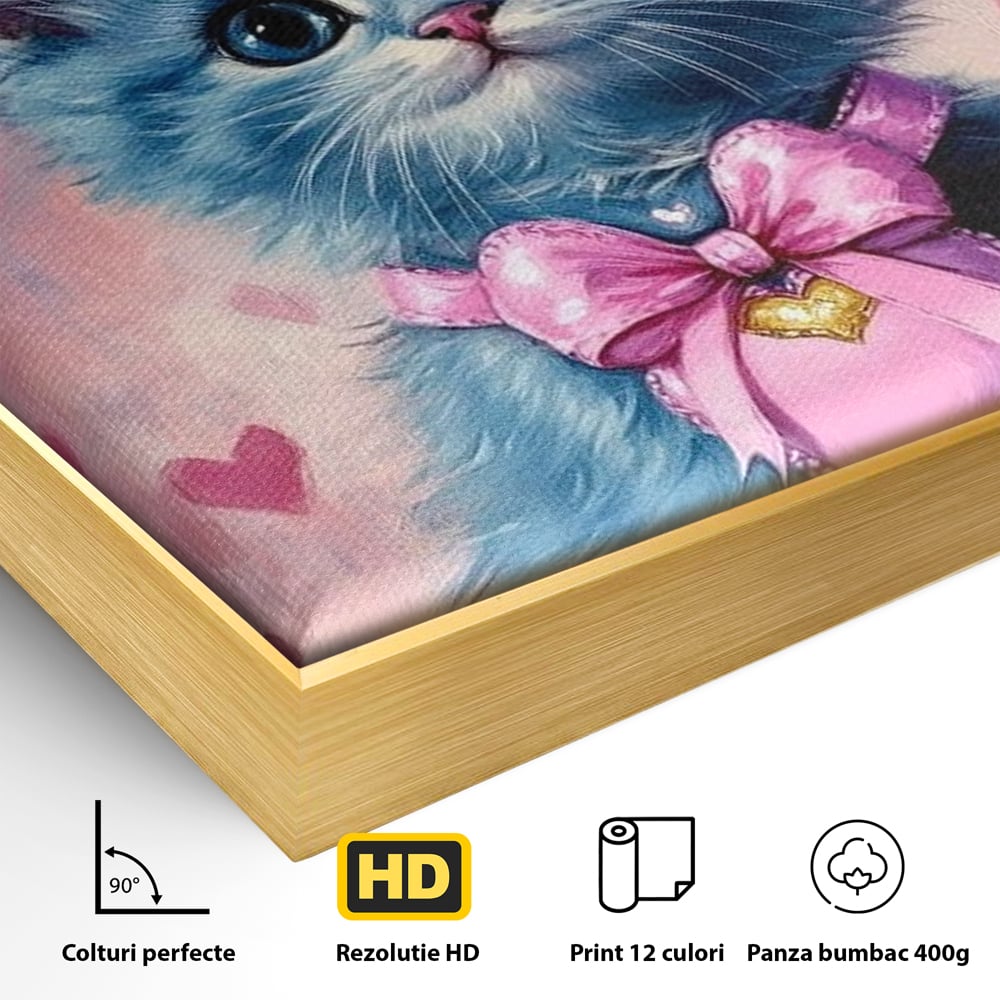 Tablou Canvas Premium, LuxCanva® M1166, Printesa cu Fundita Roz, Pastel, Coroana, Printesa, Adorabil, Pisica, Pufos, Roz, Inima, Fundita, Dragut, Portret, Birou, Living, Camera Copil