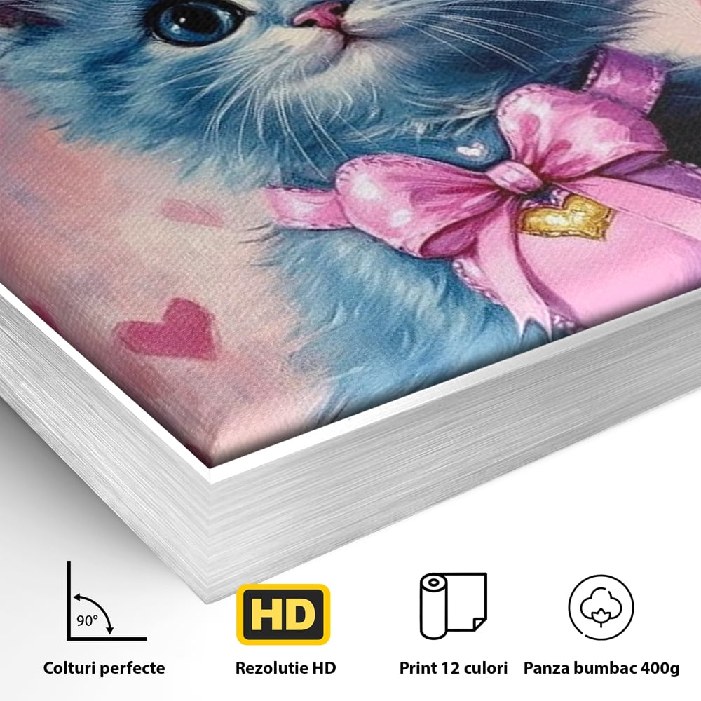Tablou Canvas Premium, LuxCanva® M1166, Printesa cu Fundita Roz, Pastel, Coroana, Printesa, Adorabil, Pisica, Pufos, Roz, Inima, Fundita, Dragut, Portret, Birou, Living, Camera Copil