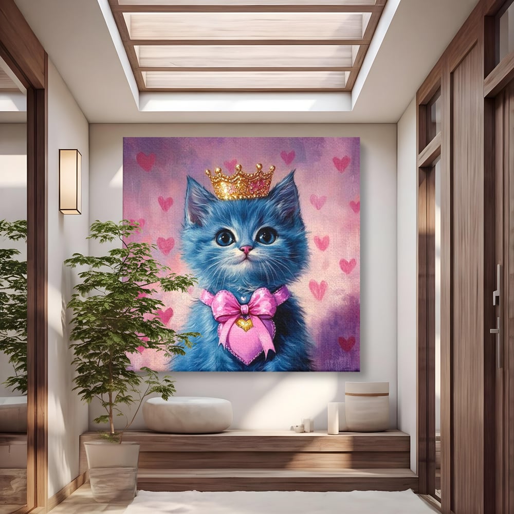 Tablou Canvas Premium, LuxCanva® M1166, Printesa cu Fundita Roz, Pastel, Coroana, Printesa, Adorabil, Pisica, Pufos, Roz, Inima, Fundita, Dragut, Portret, Birou, Living, Camera Copil