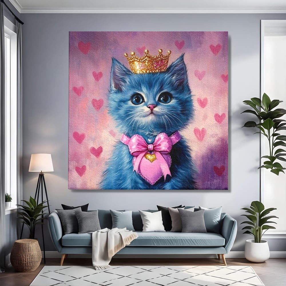 Tablou Canvas Premium, LuxCanva® M1166, Printesa cu Fundita Roz, Pastel, Coroana, Printesa, Adorabil, Pisica, Pufos, Roz, Inima, Fundita, Dragut, Portret, Birou, Living, Camera Copil